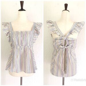 ELLA MOSS Striped Babydoll Top‎ Square Neckline Flutter Sleeve Medium Large New